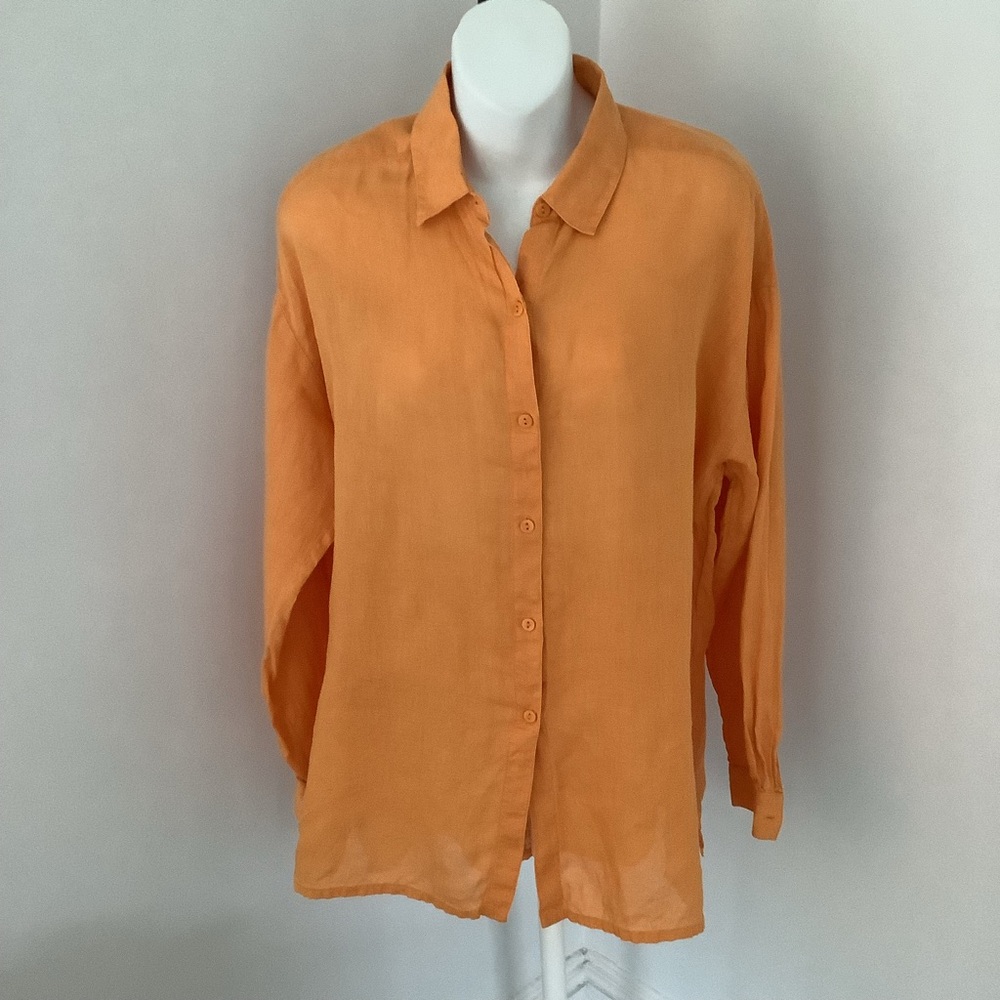 Eileen Fisher Tangerine Irish Linen  Button-Up Tunic Blouse Sz. SP